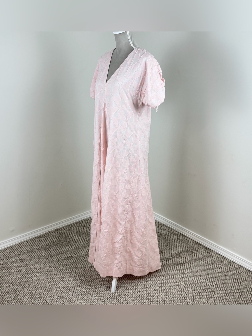 Mirth Bordeaux Caftan Rosa Maxi Dress M Jacquard Pink Cotton V-Back Tie $398 - Picture 8 of 16